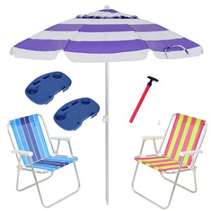 Kit Praia 2 Cadeira Alta Guarda Sol 2,4m Sortido 2 Mesa Portátil Saca Areia Pressão - Belfix - Azul