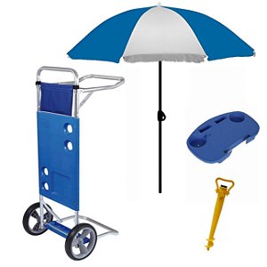 Kit Carrinho De Praia + Guarda Sol + Saca Areia + Mesa Portátil - Mor - Azul