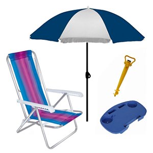 Kit Praia Cadeira Reclinável 8 Pos Alumínio + Guarda Sol + Mesa Portátil + Saca Areia - Mor - Azul Marinho