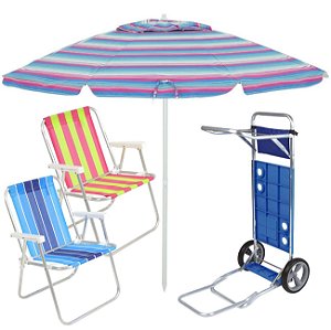 Kit Praia 2 Cadeira Alta Guarda Sol 2,4m Rosa Carrinho De Praia Com Avanço - Belfix