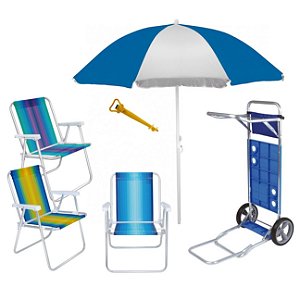 Kit Praia Carrinho Com Avanço + 3 Cadeira Alumínio Alta + Guarda Sol 1,8m + Saca Areia - Mor - Azul