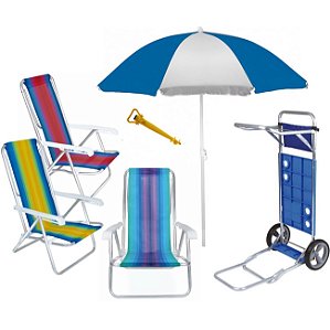 Kit Praia Carrinho Com Avanço + 3 Cadeira Reclinável Alumínio 8 Posições + Guarda Sol 1,8m + Saca Areia - Mor - Azul