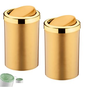 Kit 2 Lixeira 8 Litros Tampa Cesto De Lixo Basculante Para Cozinha Banheiro Escritório Dourado - Future - Dourado