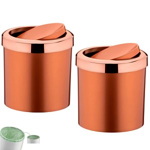 Kit 2 Lixeira 5 Litros Tampa Cesto De Lixo Basculante Para Cozinha Banheiro Escritório Rose Gold - Future - Rose Gold