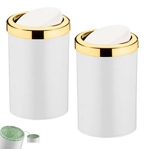 Kit 2 Lixeira 8 Litros Tampa Cesto De Lixo Basculante Dourado Para Cozinha Banheiro Escritório - Future - Branco