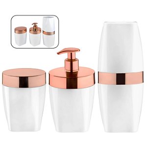 Kit Dispenser Sabonete Suporte Escova Dente Porta Algodão Banheiro Branco Rose Gold - Future