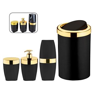 Kit Lixeira 8L Basculante Dispenser Sabonete Porta Escova Dente Algodão Preto Dourado Banheiro - Future