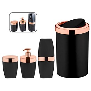 Kit Lixeira 8L Basculante Dispenser Sabonete Porta Escova Dente Algodão Preto Rose Gold Banheiro - Future