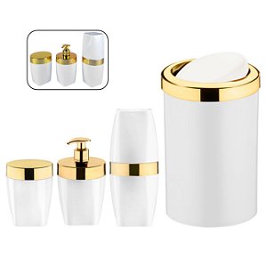 Kit Lixeira 8L Basculante Dispenser Sabonete Porta Escova Dente Algodão Branco Dourado Banheiro - Future