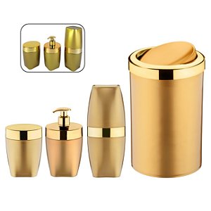 Kit Lixeira 8L Basculante Dispenser Sabonete Porta Escova Dente Algodão Dourado Banheiro - Future