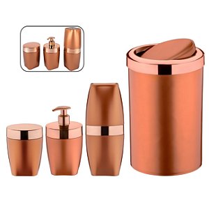 Kit Lixeira 8L Basculante Dispenser Sabonete Porta Escova Dente Algodão Rose Gold Banheiro - Future