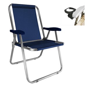 Cadeira Max Alumínio Praia Piscina Até 140Kg Porta Copos Térmico Lata Isopor Dobrável - Zaka - AzulMarinho