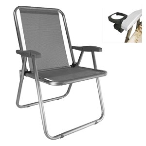 Cadeira Max Alumínio Praia Piscina Até 140Kg Porta Copos Térmico Lata Isopor Dobrável - Zaka - Cinza