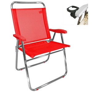 Cadeira De Praia King Oversize Alumínio Até 140Kg Porta Copos Térmico Lata Isopor Dobrável - Zaka - Vermelho