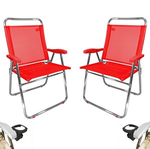 Kit 2 Cadeira De Praia King Oversize Alumínio Até 140Kg 2 Porta Copos Térmico Lata Isopor Dobrável - Zaka - Vermelho