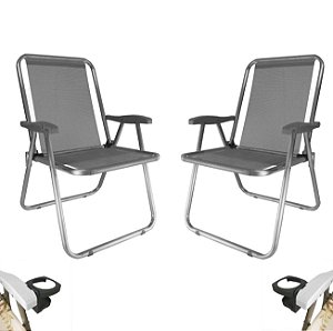 Kit 2 Cadeira Max Alumínio Praia Piscina Até 140Kg 2 Porta Copos Térmico Lata Isopor Dobrável - Zaka - Cinza