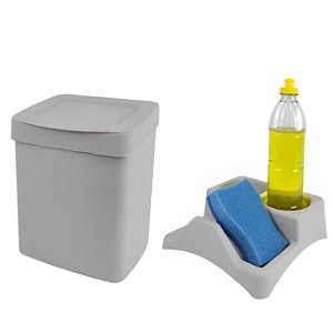 Kit Lixeira 2,5 Litros Cesto De Lixo Organizador De Pia Porta Detergente Cozinha Cinza - Utility
