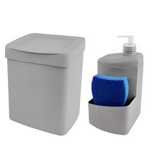 Kit Lixeira 2,5 Litros Cesto De Lixo Dispenser Porta Detergente Esponja De Pia Cozinha Cinza - Utility