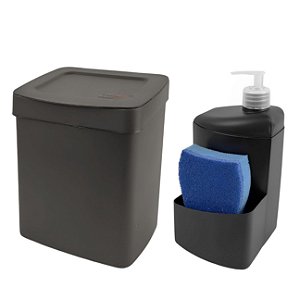Kit Lixeira 2,5 Litros Cesto De Lixo Dispenser Porta Detergente Esponja De Pia Cozinha Preto - Utility