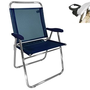 Cadeira De Praia King Oversize Alumínio Até 140Kg Porta Copos Térmico Lata Isopor Dobrável - Zaka - Azul Marinho