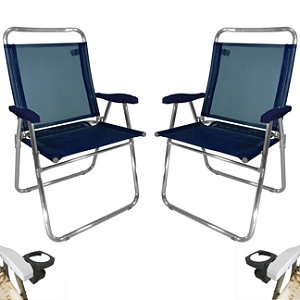 Kit 2 Cadeira De Praia King Oversize Alumínio Até 140Kg 2 Porta Copos Térmico Lata Isopor Dobrável - Zaka - Azul Marinho