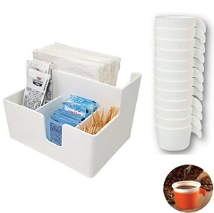 Organizador Sachês De Mesa Guardanapos Açúcar Mexedor E 12 Porta Copos Descartável 50/80ml Branco