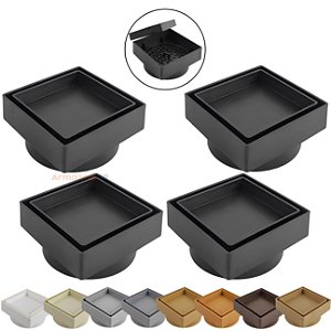 Kit 4 Ralo Oculto Invisível Quadrado 10x10cm Plástico Com Tela Para Banheiro - AMZ - Preto