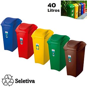 Kit 5 Lixeiras 40 Litros Seletivas Para Lixo Orgânico Plástico Papel Metal Vidro Cesto Tampa Basculante - Sanremo