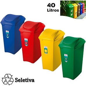 Kit 4 Lixeiras 40 Litros Seletivas Para Plástico Papel Metal Vidro Cesto De Lixo Tampa Basculante - Sanremo