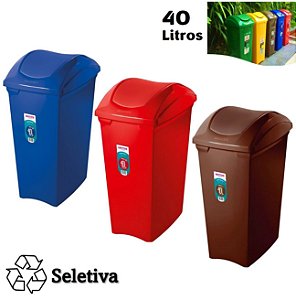 Kit 3 Lixeiras 40 Litros Seletivas Para Plástico Papel Lixo Orgânico Cesto Tampa Basculante - Sanremo