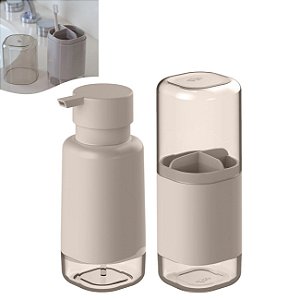 Kit Dispenser Porta Sabonete Líquido Suporte Escova Dente Creme Dental Banheiro Bege Dual - CDB 900 Ou