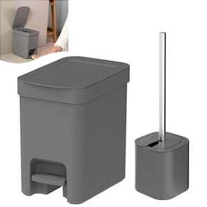 Kit Lixeira 6 Litros Com Pedal e Porta Escova Sanitária Chumbo Banheiro Trium - KTE 131 Ou - Chumbo