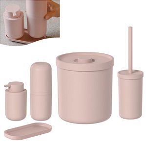 Kit Lixeira 6L Porta Escova Dente Sanitária Dispenser Sabonete Bandeja Banheiro Rosa Fosco - Ou - Rosa