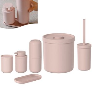 Kit Lixeira 6L Porta Escova Dente Sanitária Algodão Cotonete Dispenser Sabonete Bandeja Banheiro Rosa Fosco - Ou - Rosa