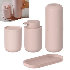 Kit Dispenser Porta Sabonete Líquido Suporte Escova Dente Algodão Bandeja Banheiro Rosa Fosco - Ou