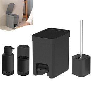 Kit Lixeira 6L Com Pedal Porta Escova Sanitária Dente Dispenser Sabonete Banheiro Preto - Ou - Preto
