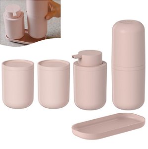 Kit Dispenser Porta Sabonete Líquido Suporte Escova Dente Algodão e Cotonete Bandeja Banheiro Rosa Fosco - Ou