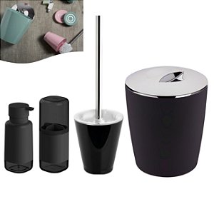 Kit Lixeira 5L Porta Escova Sanitária Dente Dispenser Sabonete Banheiro Vitra Preto - Ou - Preto