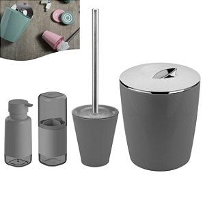 Kit Lixeira 5L Porta Escova Sanitária Dente Dispenser Sabonete Banheiro Vitra Chumbo - Ou - Chumbo