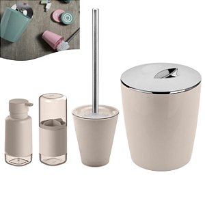 Kit Lixeira 5L Porta Escova Sanitária Dente Dispenser Sabonete Banheiro Vitra Bege - Ou - Bege