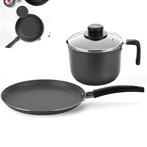 Conjunto Frigideira Ø22cm Alumínio Antiaderente e Fervedor Leiteira Com Tampa Cozinha - Multiflon - Chumbo