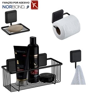 Kit Porta Shampoo Saboneteira Suporte Papel Higiênico Gancho Banheiro Adesivo Dupla Face Preto Fosco - Future - Preto Fo