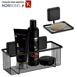 Kit Suporte Porta Shampoo Prateleira Saboneteira Banheiro Adesivo Dupla Face Preto Fosco - Future - Preto Fosco
