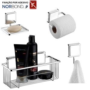 Kit Porta Shampoo Saboneteira Suporte Papel Higiênico Gancho Banheiro Adesivo Dupla Face Cromado - Future - Cromado