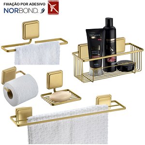 Kit 5 Peças Acessórios De Banheiro Toalheiro Saboneteira Papeleira Adesivo Dupla Face Dourado - Future - Dourado