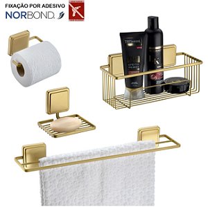 Kit Toalheiro Suporte Shampoo Saboneteira Porta Papel Higiênico Banheiro Adesivo Dupla Face Dourado - Future - Dourado
