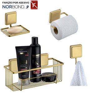 Kit Porta Shampoo Saboneteira Suporte Papel Higiênico Gancho Banheiro Adesivo Dupla Face Dourado - Future - Dourado