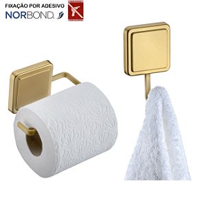 Kit Suporte Papel Higiênico Gancho Multiuso Porta Toalha Banheiro Adesivo Dupla Face Dourado - Future - Dourado
