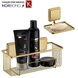 Kit Suporte Porta Shampoo Prateleira Saboneteira Banheiro Adesivo Dupla Face Dourado - Future - Dourado