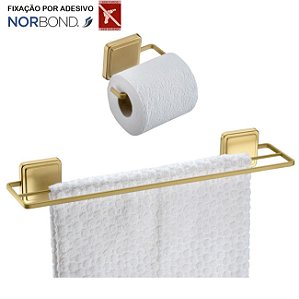 Kit Toalheiro Duplo Porta Toalha Suporte Papel Higiênico Banheiro Adesivo Dupla Face Dourado - Future - Dourado